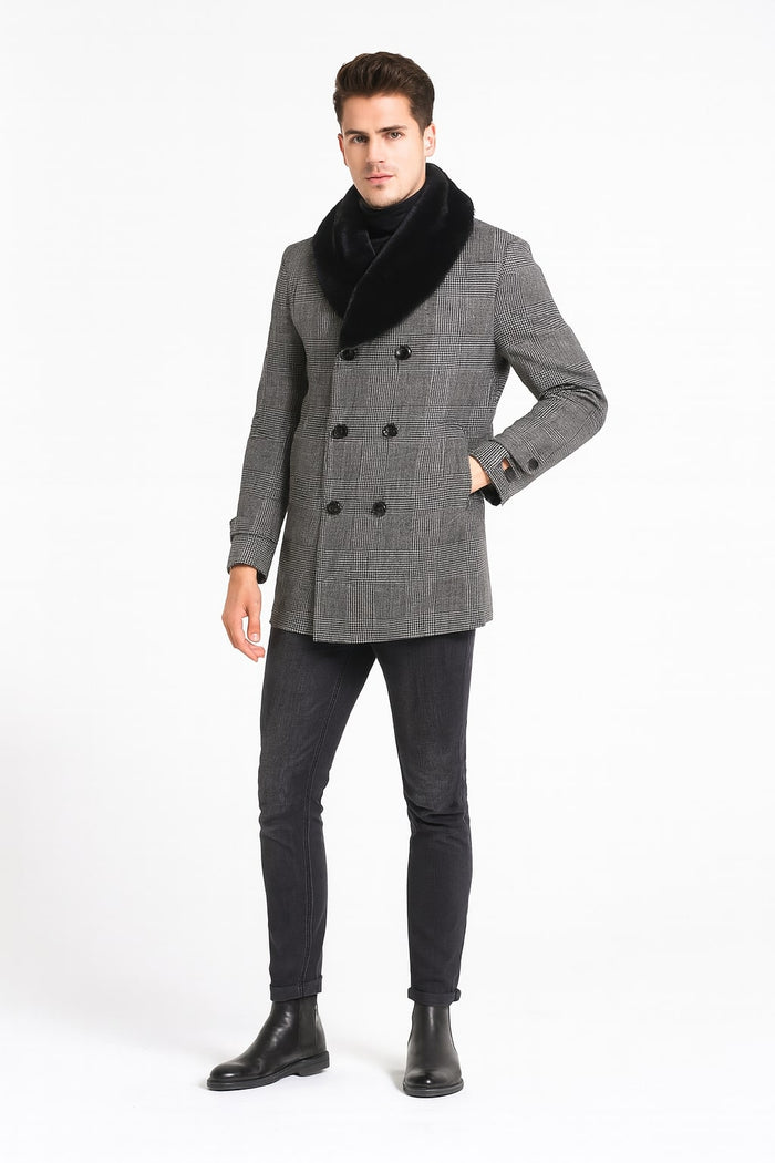 Mens Grey Plaid Double-Breasted Overcoat with Black Faux Fur Collar  Classic Winter Peacoat