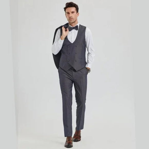 New Tazio Birdseye Textured Grey Tuxedo | Shawl Collar Satin Trim 3-Piece - Men's Tuxedo USA