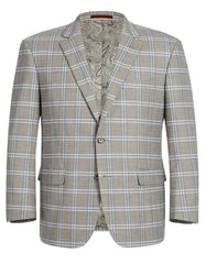 Mens Two Button Classic Fit Sport Coat Grey Tan Windowpane Plaid Blazer - Men's Tuxedo USA