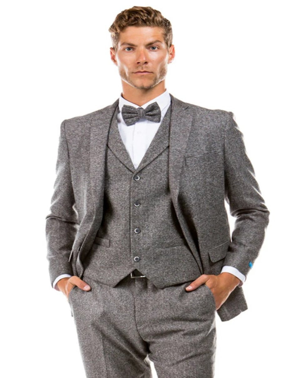 Tweed Suit" 1920s Vintage Looking Fabric Vested Suit - Grey Herringbone Fabric - Men's Tuxedo USA