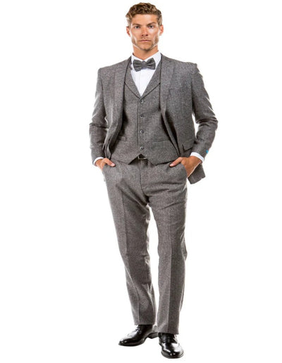Tweed Suit" 1920s Vintage Looking Fabric Vested Suit - Grey Herringbone Fabric - Men's Tuxedo USA