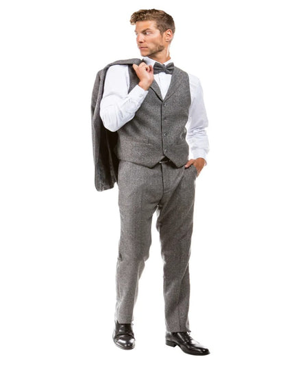 Tweed Suit" 1920s Vintage Looking Fabric Vested Suit - Grey Herringbone Fabric - Men's Tuxedo USA
