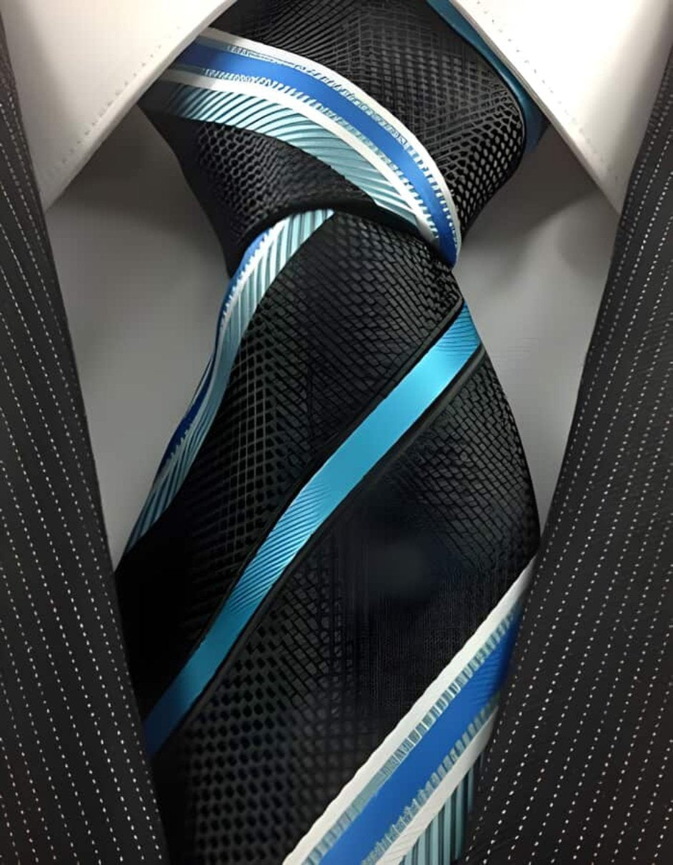 Men's Neck Ties - Mens Dress Tie - Trendy Mens Ties Black Turquoise And White Stripe Stylish Fashion Neck Groomsmen Ties - Men's Tuxedo USA