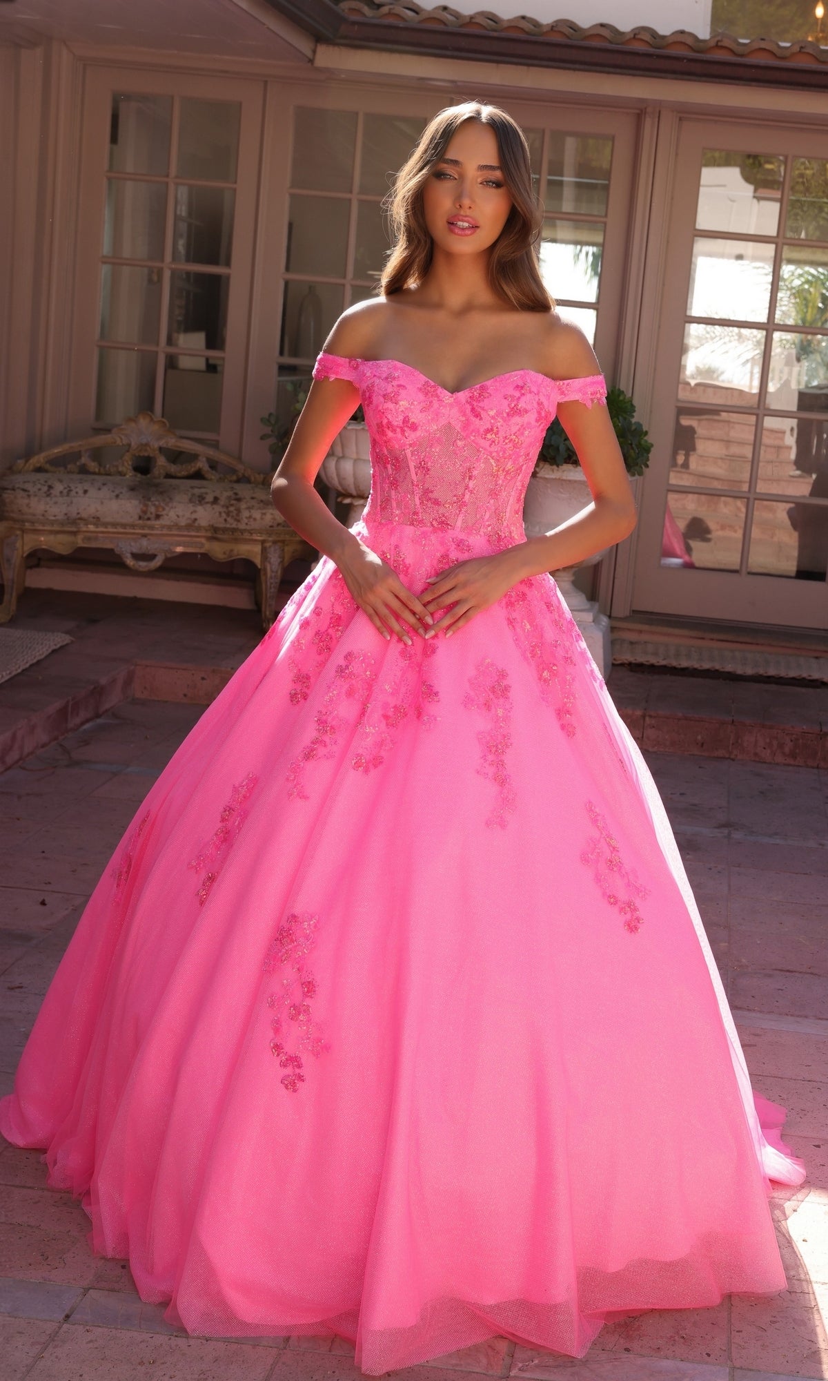 Nox Anabel H1352 Off-the-Shoulder Lace-Up Long Prom Ball Gown