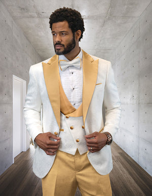 Mens White and Gold Champagne Color Satin Lapel Tuxedo Peak Lapel Modern Fit With Bowtie 4PC