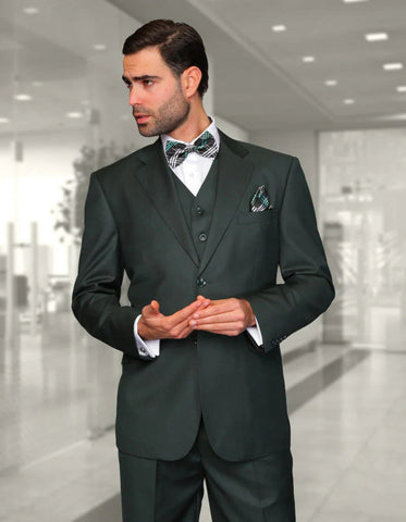 Statement Men's Solid Hunter Green 100% Wool Vested Suit (Modern Fit)