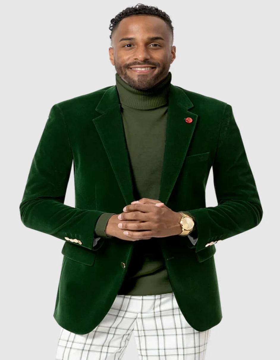 Mens Blazer - Cheap Priced Mens Sport Coat -Mens Two Button Modern Fit Velvet Blazer In Hunter Green - Men's Tuxedo USA