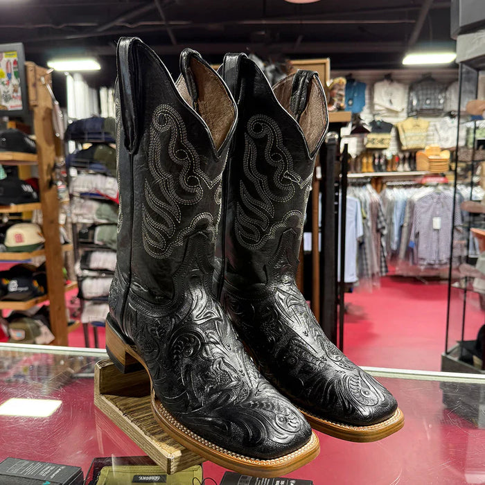 Mens White Diamond Boot Men's Black Hand-Tooled Western Boots Square Toe