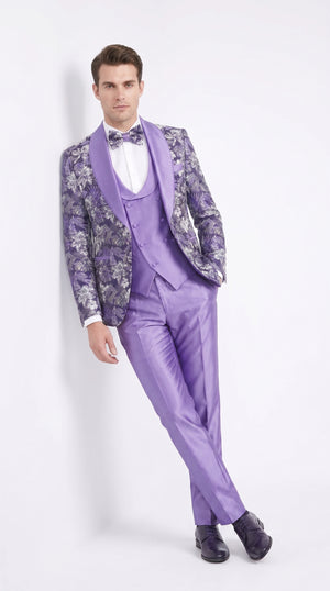 Men’s Purple Floral Prom Tuxedo – Shawl Lapel 3-Piece Wedding and Formal Suit