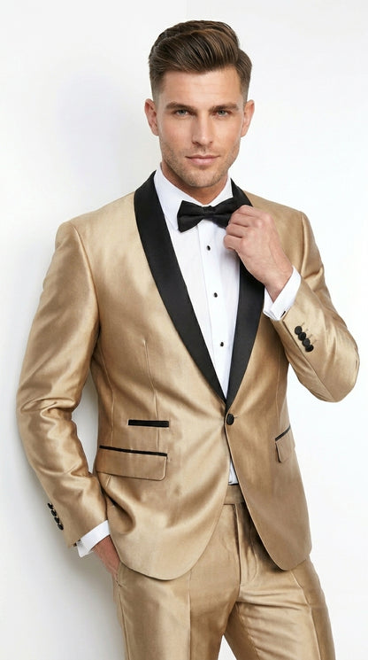Men’s Gold Shiny Sharkskin Tuxedo with One Button Jacket, Black Shawl Lapel and Matching Pants