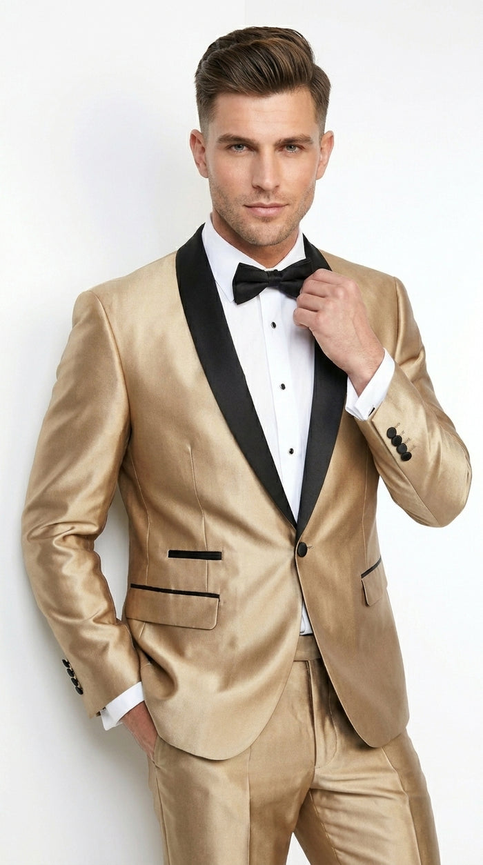 Men’s Gold Shiny Sharkskin Tuxedo with One Button Jacket, Black Shawl Lapel and Matching Pants