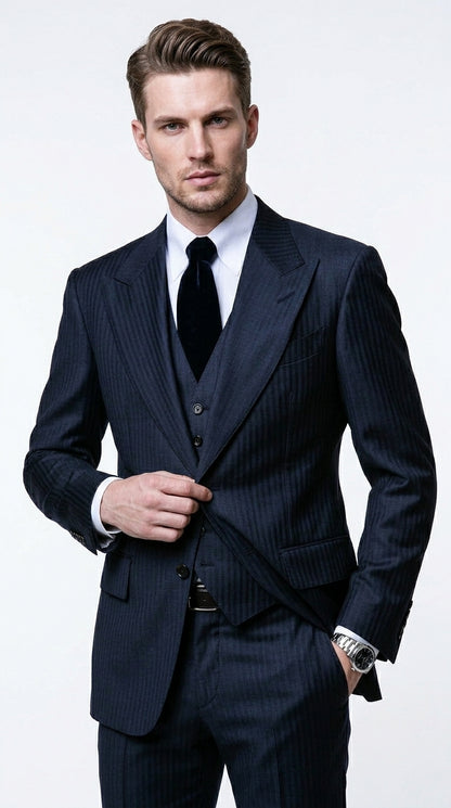 Men’s Navy Herringbone Textured 3 Piece Suit Set, Classic Formal Blazer, Waistcoat and Trouser Outfit