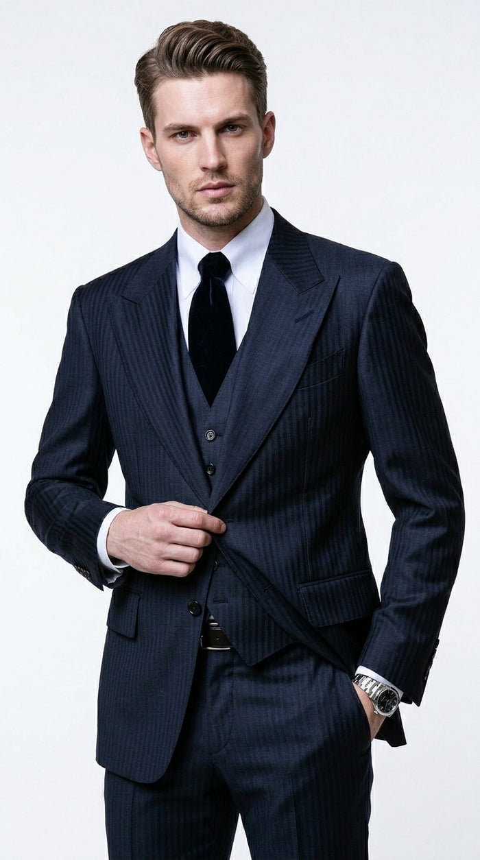 Men’s Navy Herringbone Textured 3 Piece Suit Set, Classic Formal Blazer, Waistcoat and Trouser Outfit