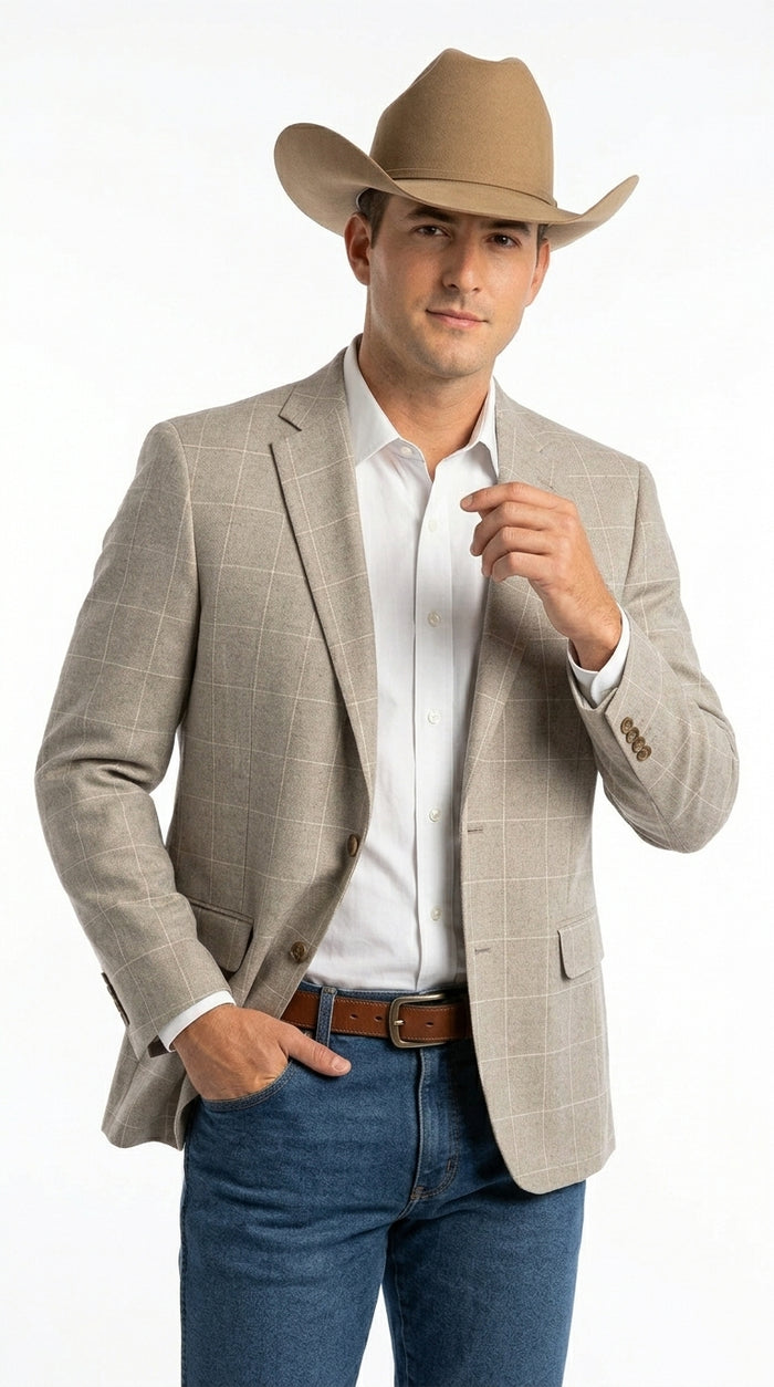 Men’s Light Tan Windowpane Plaid Western Blazer, Cowboy Sport Coat for Business Casual and Summer Events