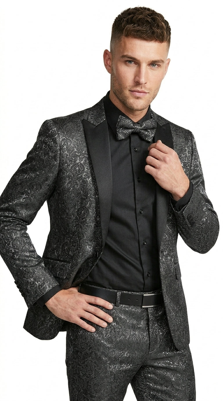 Men’s Black Patterned Tuxedo Suit, Wedding Prom Formal Dinner Suit with Satin Lapel