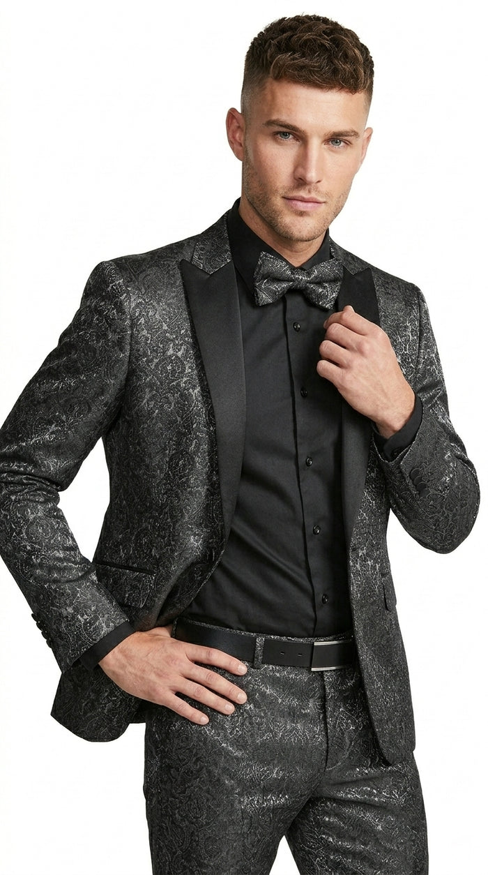 Men’s Black Patterned Tuxedo Suit, Wedding Prom Formal Dinner Suit with Satin Lapel