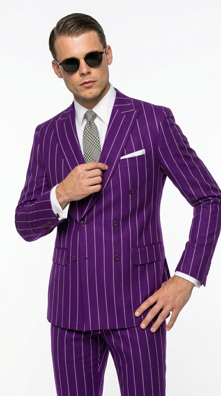 Men’s Purple Pinstripe 1920s Gangster Suit, Vintage Formal 3 Piece Wedding Prom Suit Set