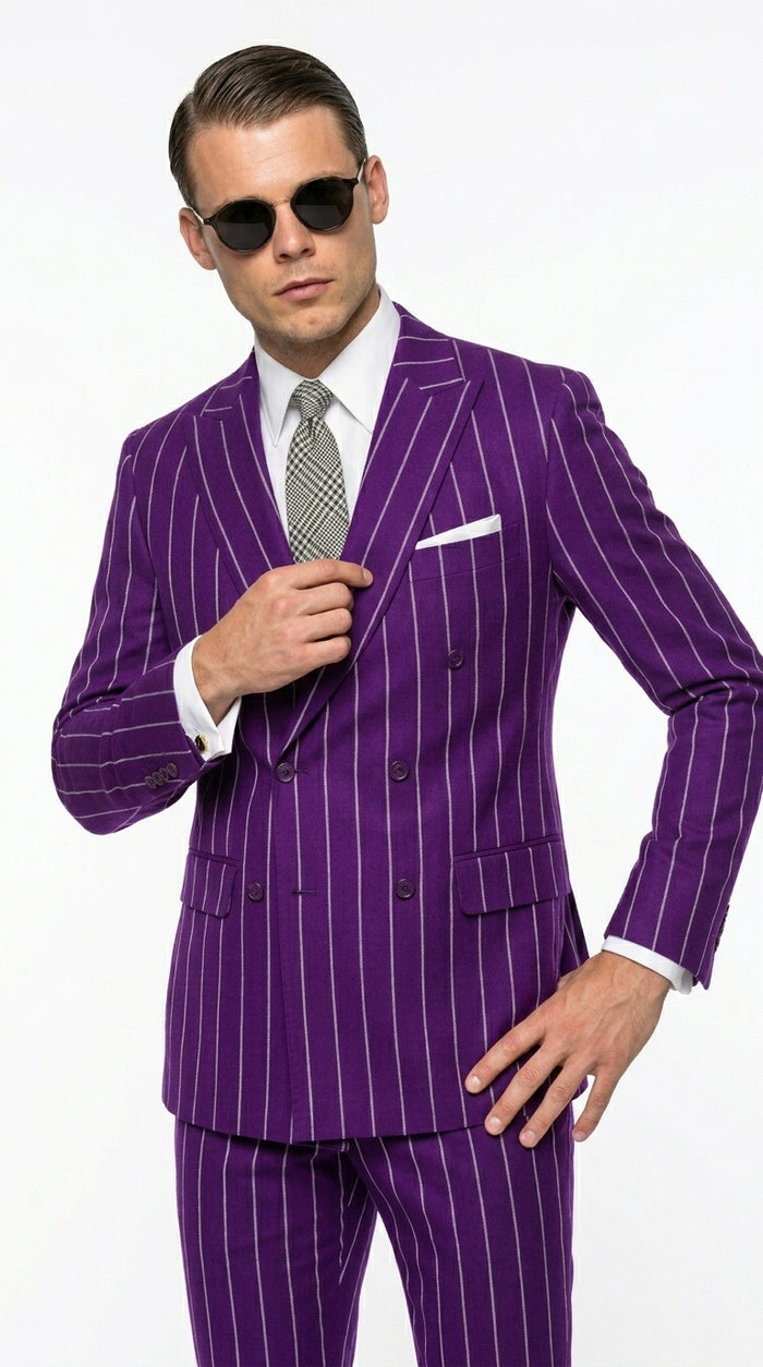 Men’s Purple Pinstripe 1920s Gangster Suit, Vintage Formal 3 Piece Wedding Prom Suit Set