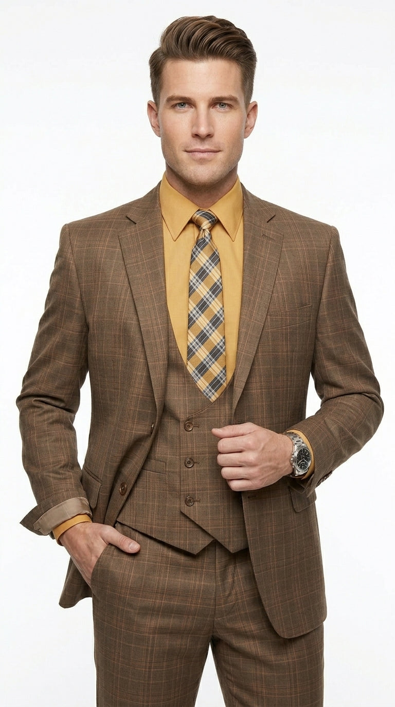 Men’s Brown Windowpane Plaid 3 Piece Suit, Two Button Peak Lapel Classic Formal Suit Set
