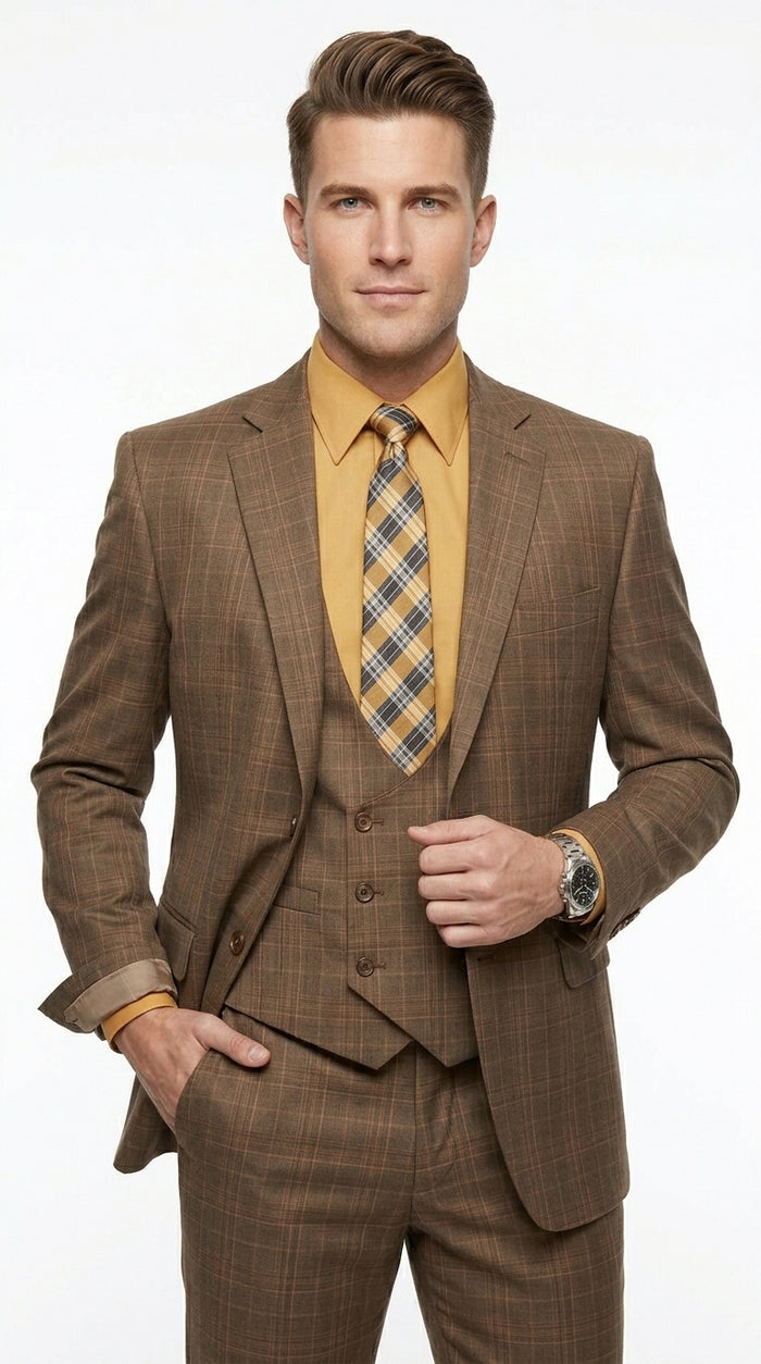 Men’s Brown Windowpane Plaid 3 Piece Suit, Two Button Peak Lapel Classic Formal Suit Set