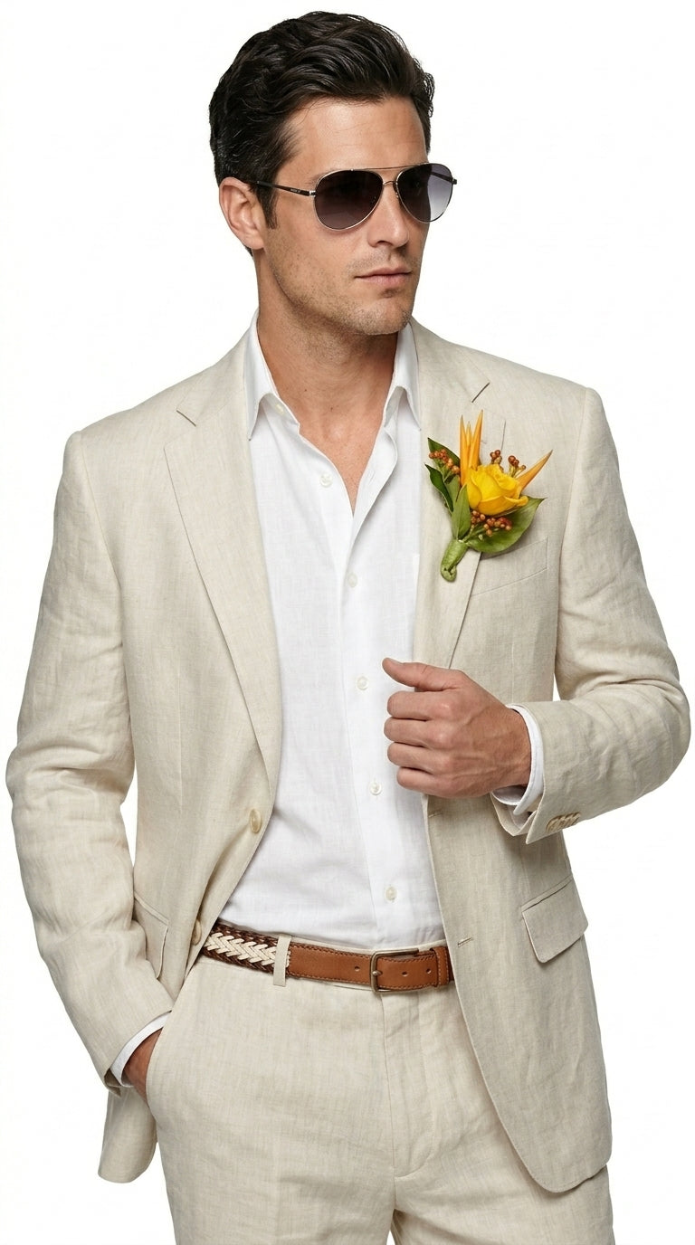 Men’s Natural Sand Light Tan Linen Suit, Summer Beach Wedding Formal Suit Set
