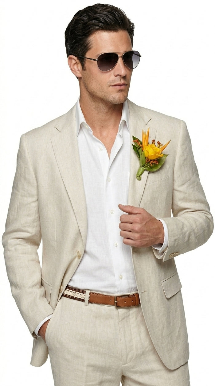 Men’s Natural Sand Light Tan Linen Suit, Summer Beach Wedding Formal Suit Set