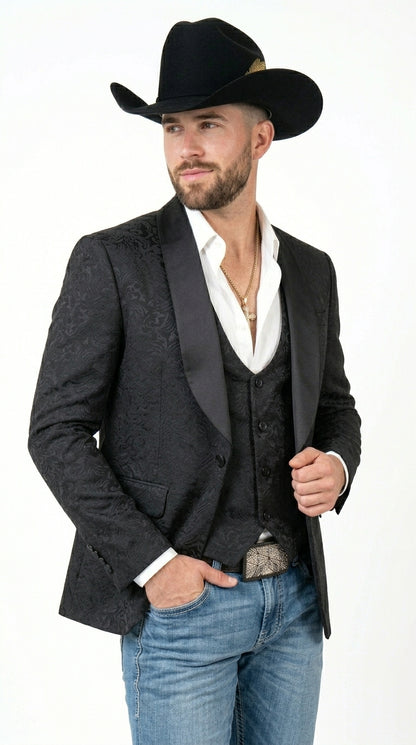 Men’s Black Paisley Jacquard Blazer with Satin Shawl Lapel, Western Formal Designer Jacket