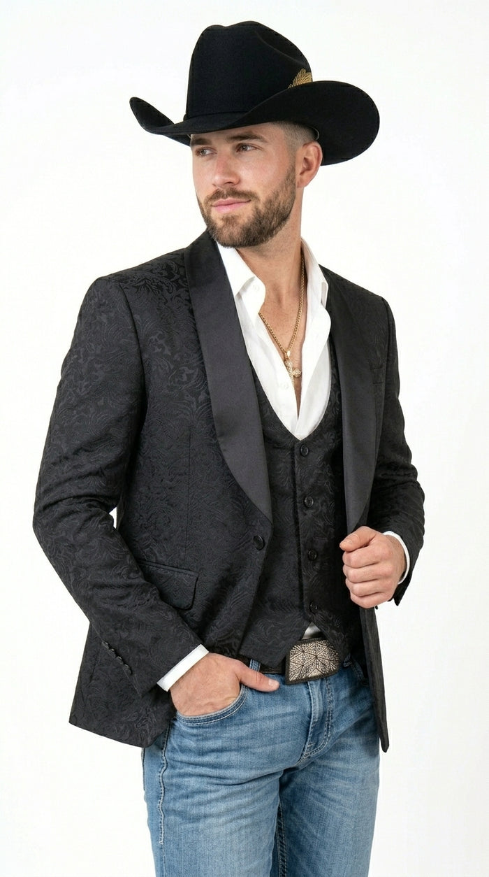 Men’s Black Paisley Jacquard Blazer with Satin Shawl Lapel, Western Formal Designer Jacket