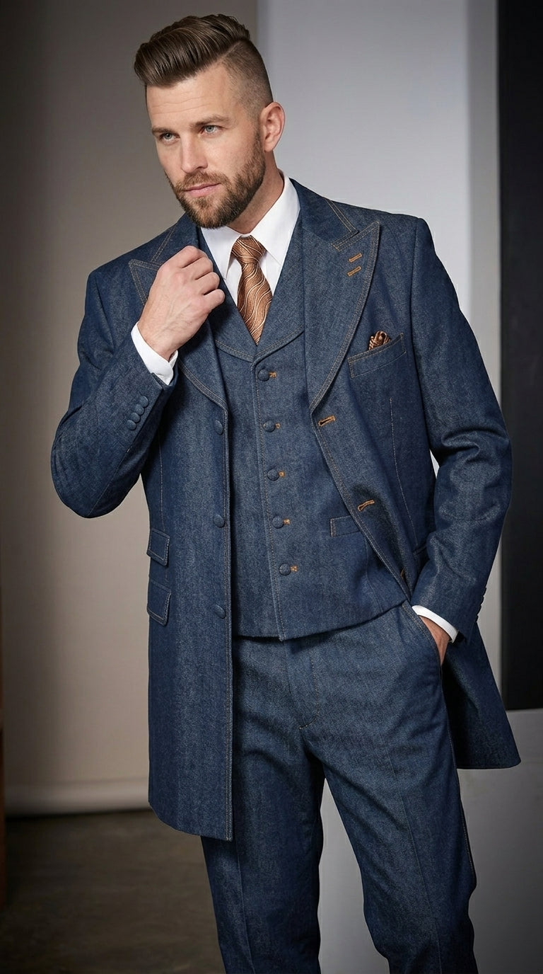 Men’s Blue Denim Zoot Suit, Long Vested Vintage Jeans Style Formal Suit Set