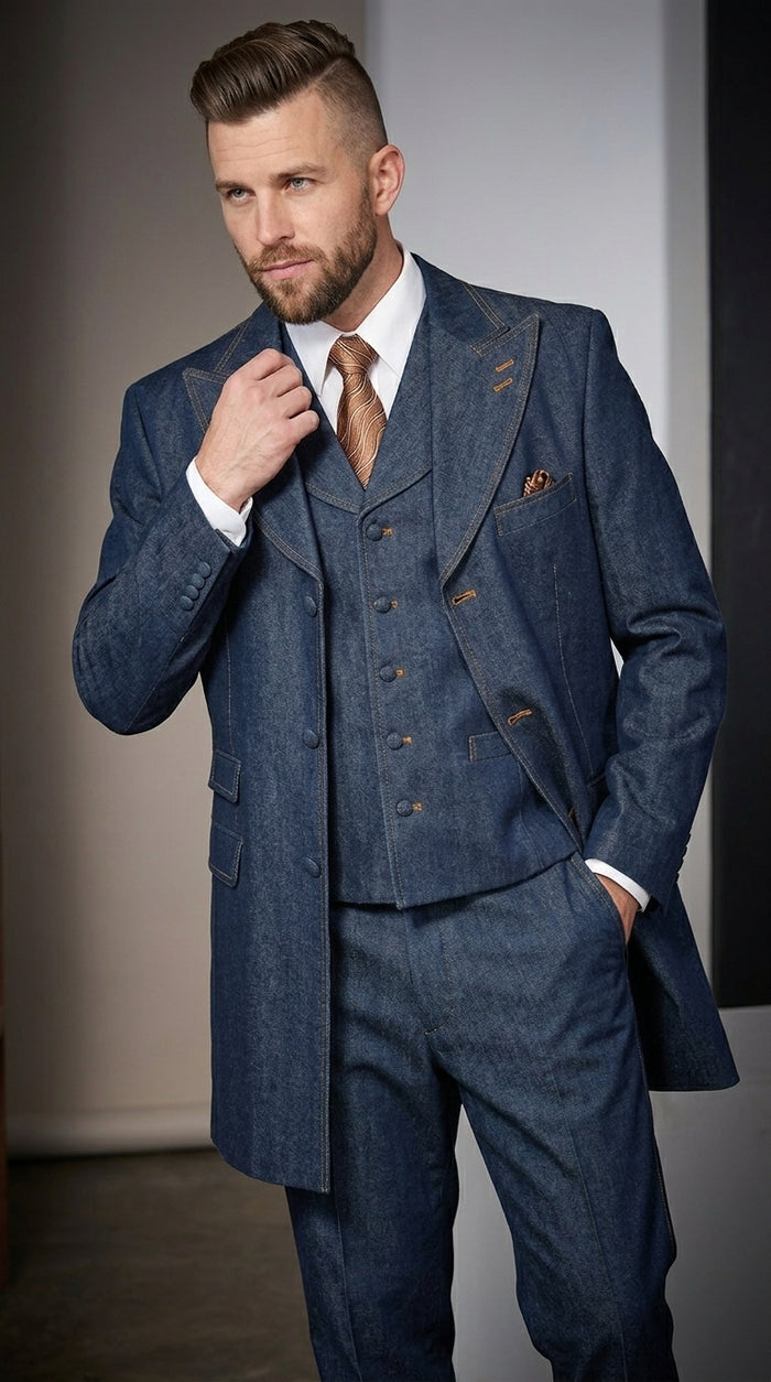 Men’s Blue Denim Zoot Suit, Long Vested Vintage Jeans Style Formal Suit Set