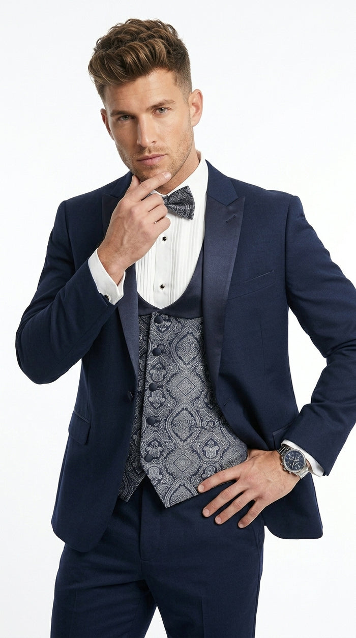 Men’s Indigo Blue One Button Shawl Tuxedo with Paisley Vest, Formal Wedding Prom Dinner Suit Set