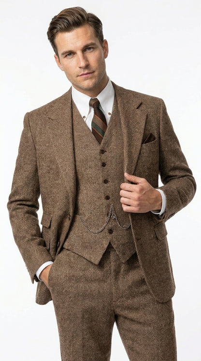 Men’s Light Brown Tweed Herringbone 3 Piece Great Gatsby Suit, Vested Vintage Wedding Formal Suit Set