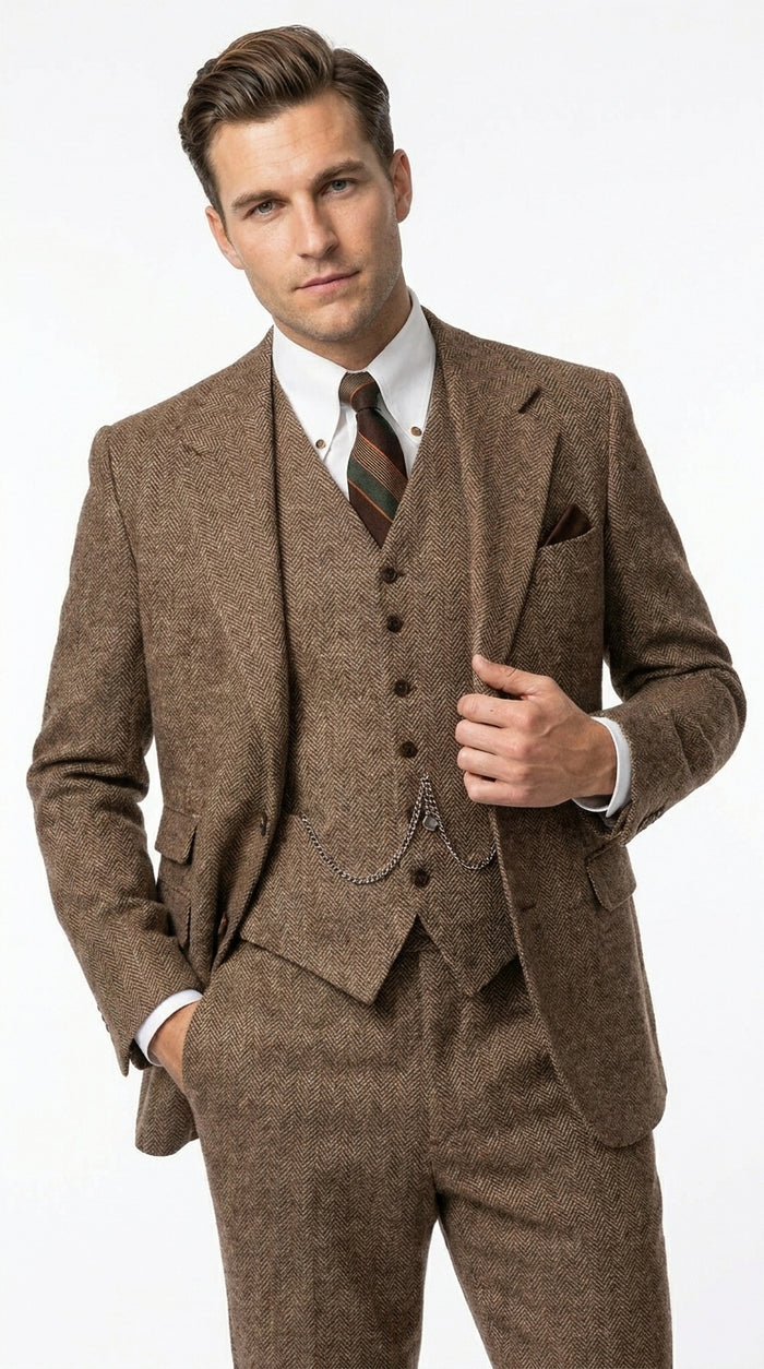 Men’s Light Brown Tweed Herringbone 3 Piece Great Gatsby Suit, Vested Vintage Wedding Formal Suit Set