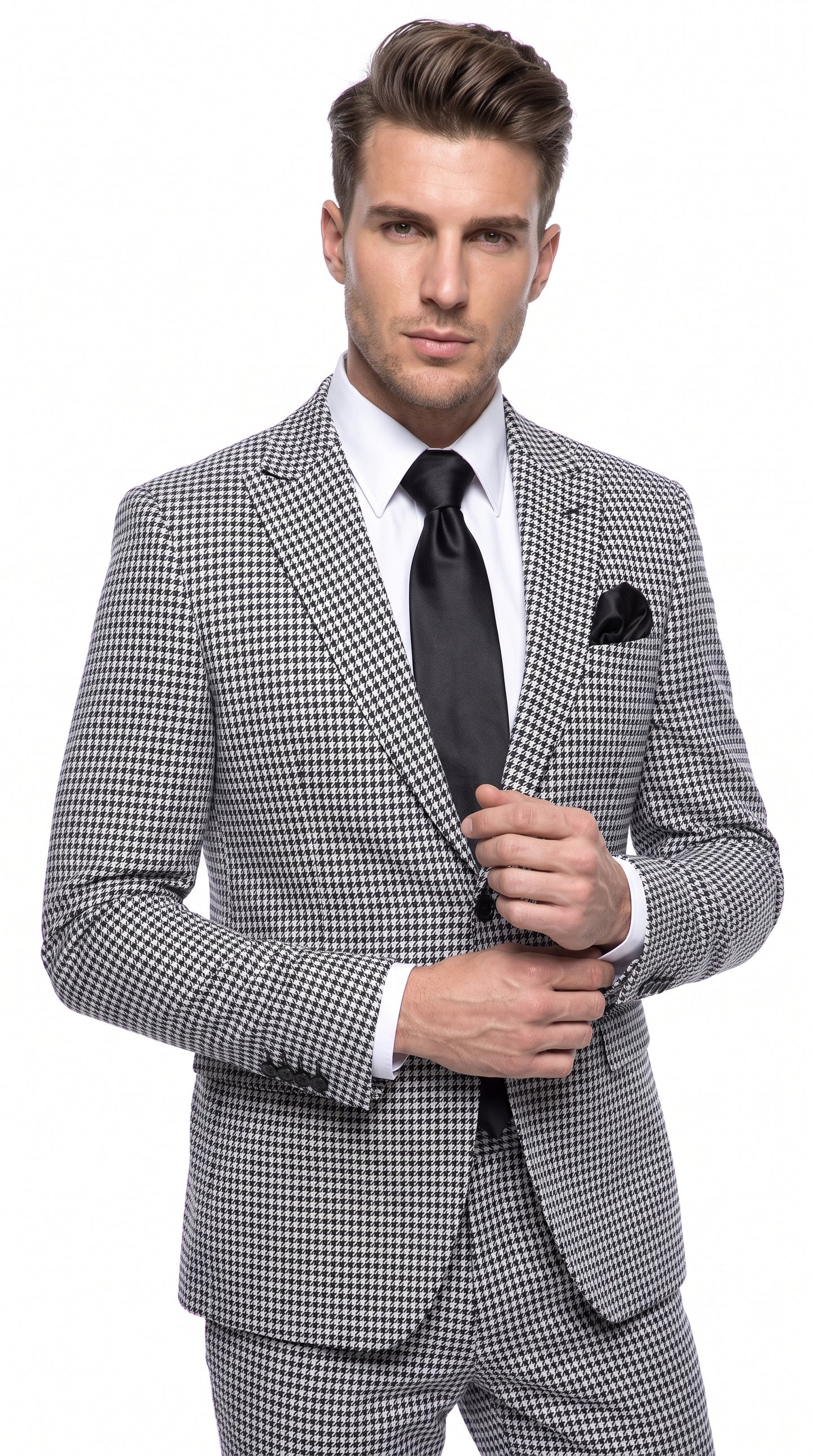 Rossi Man MAX RM1710 Men’s Black and White Houndstooth 3 Piece Suit, Modern Formal Dress Suit