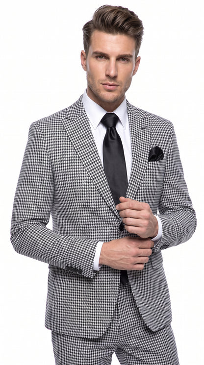 Rossi Man MAX RM1710 Men’s Black and White Houndstooth 3 Piece Suit, Modern Formal Dress Suit