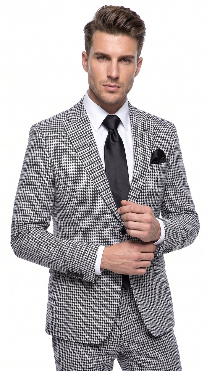 Rossi Man MAX RM1710 Men’s Black and White Houndstooth 3 Piece Suit, Modern Formal Dress Suit
