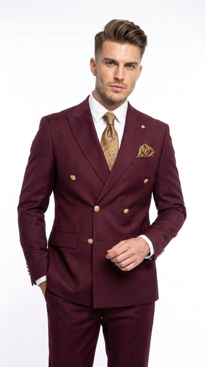 Men’s Burgundy Double Breasted Suit with Gold Buttons, Formal Wedding Prom Dress Suit