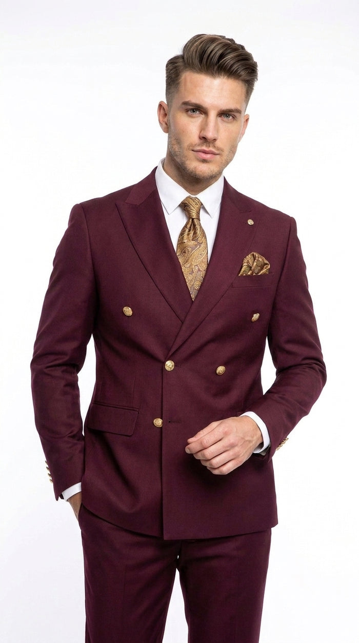 Men’s Burgundy Double Breasted Suit with Gold Buttons, Formal Wedding Prom Dress Suit