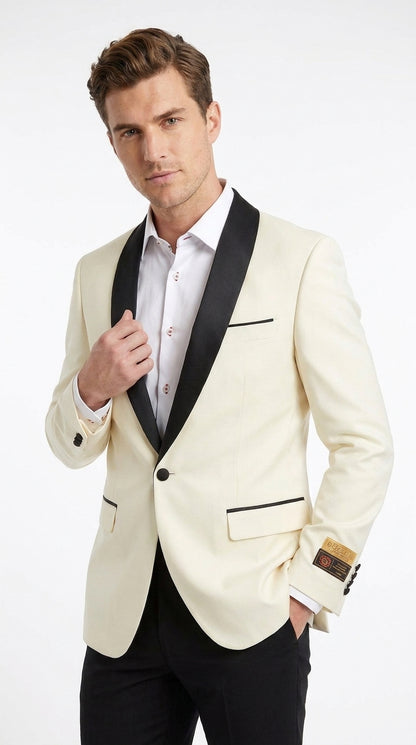 Men’s Ivory and Black Dinner Jacket, One Button Contrast Shawl Collar Formal Tuxedo Blazer