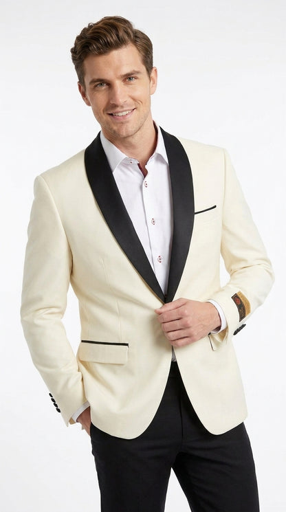 Men’s Ivory and Black Dinner Jacket, One Button Contrast Shawl Collar Formal Tuxedo Blazer