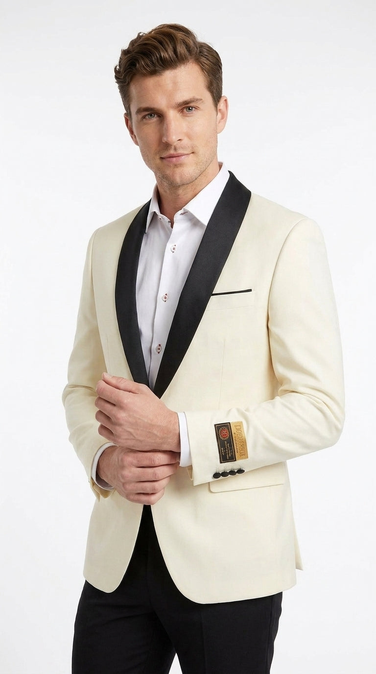 Men’s Ivory and Black Dinner Jacket, One Button Contrast Shawl Collar Formal Tuxedo Blazer