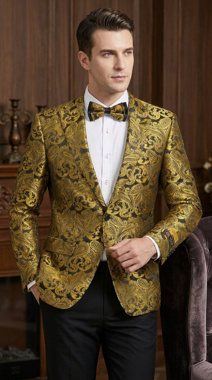 Men’s Gold Paisley Dinner Jacket Blazer – Fancy Formal Wedding Prom Party Tuxedo Jacket