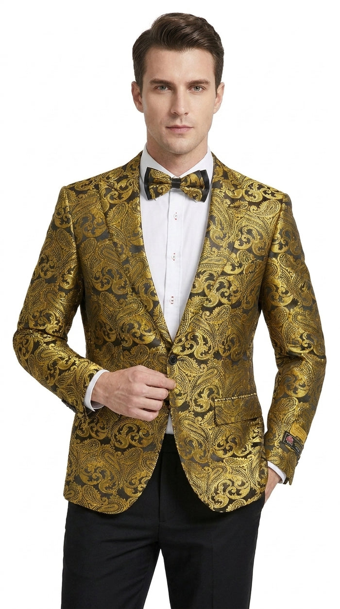 Men’s Gold Paisley Dinner Jacket Blazer – Fancy Formal Wedding Prom Party Tuxedo Jacket