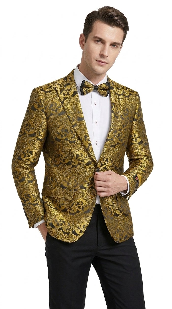 Men’s Gold Paisley Dinner Jacket Blazer – Fancy Formal Wedding Prom Party Tuxedo Jacket