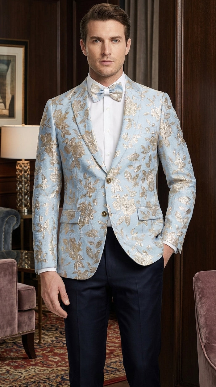 Men’s Sky Blue and Silver Foil Paisley Blazer, 2 Button Prom Wedding Party Dinner Jacket