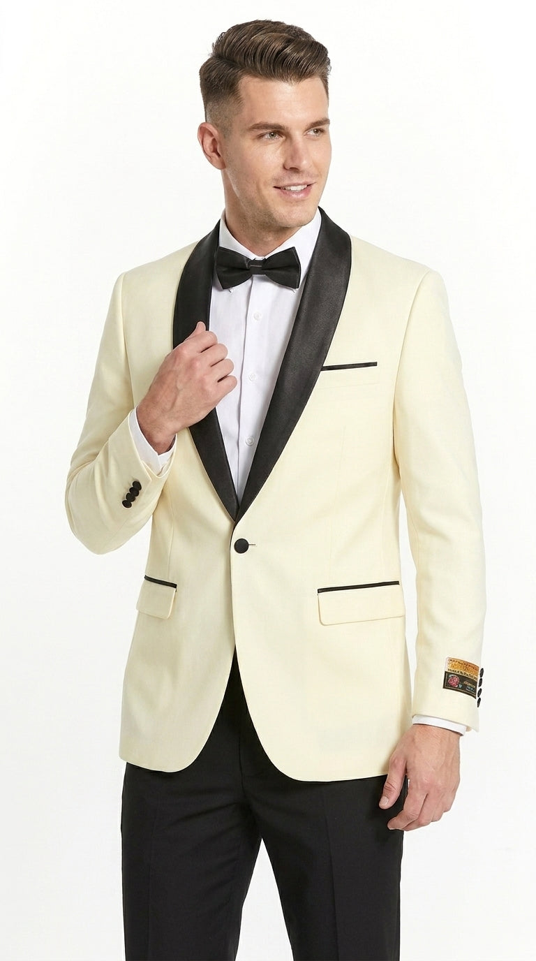 Men’s Ivory Prom Tuxedo Dinner Jacket, Black Shawl Lapel Formal Wedding Blazer