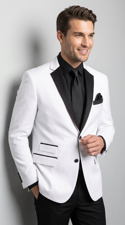 Boys White and Black Two Tone Tuxedo Suit, 2 Button Wedding Party Dinner Jacket with Black Pants