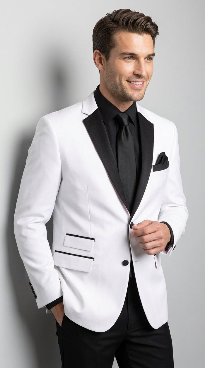 Boys White and Black Two Tone Tuxedo Suit, 2 Button Wedding Party Dinner Jacket with Black Pants