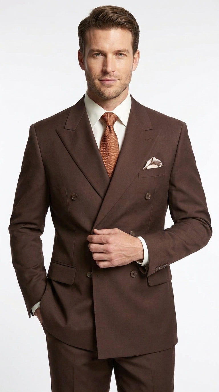 Men's Brown Double-Breasted Poplin Suit – Classic 6 Button Business, Wedding & Formal Suit for Men