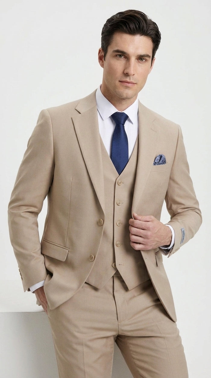 Stacy Adams Men’s Tan 3-Piece Suit – Two-Button Jacket, Matching Vest and Dress Pants